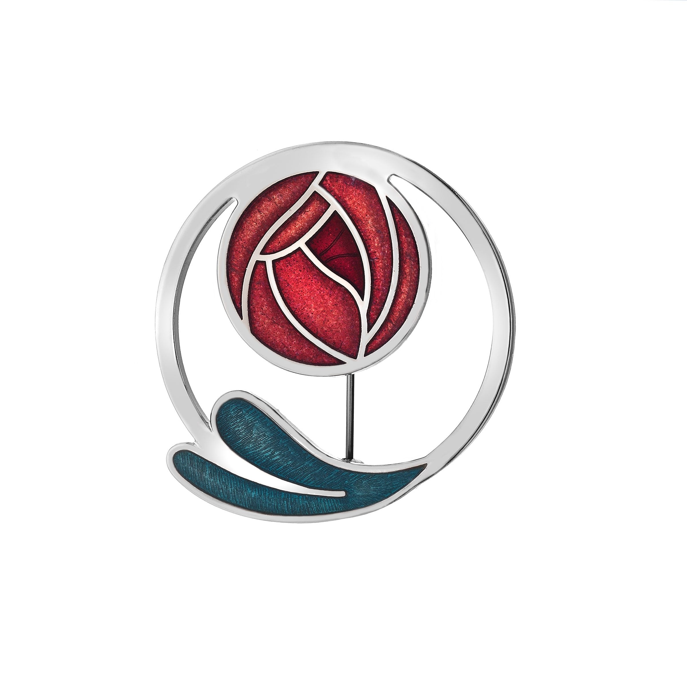 Red Mackintosh Rose Coiled Leaf Brooch